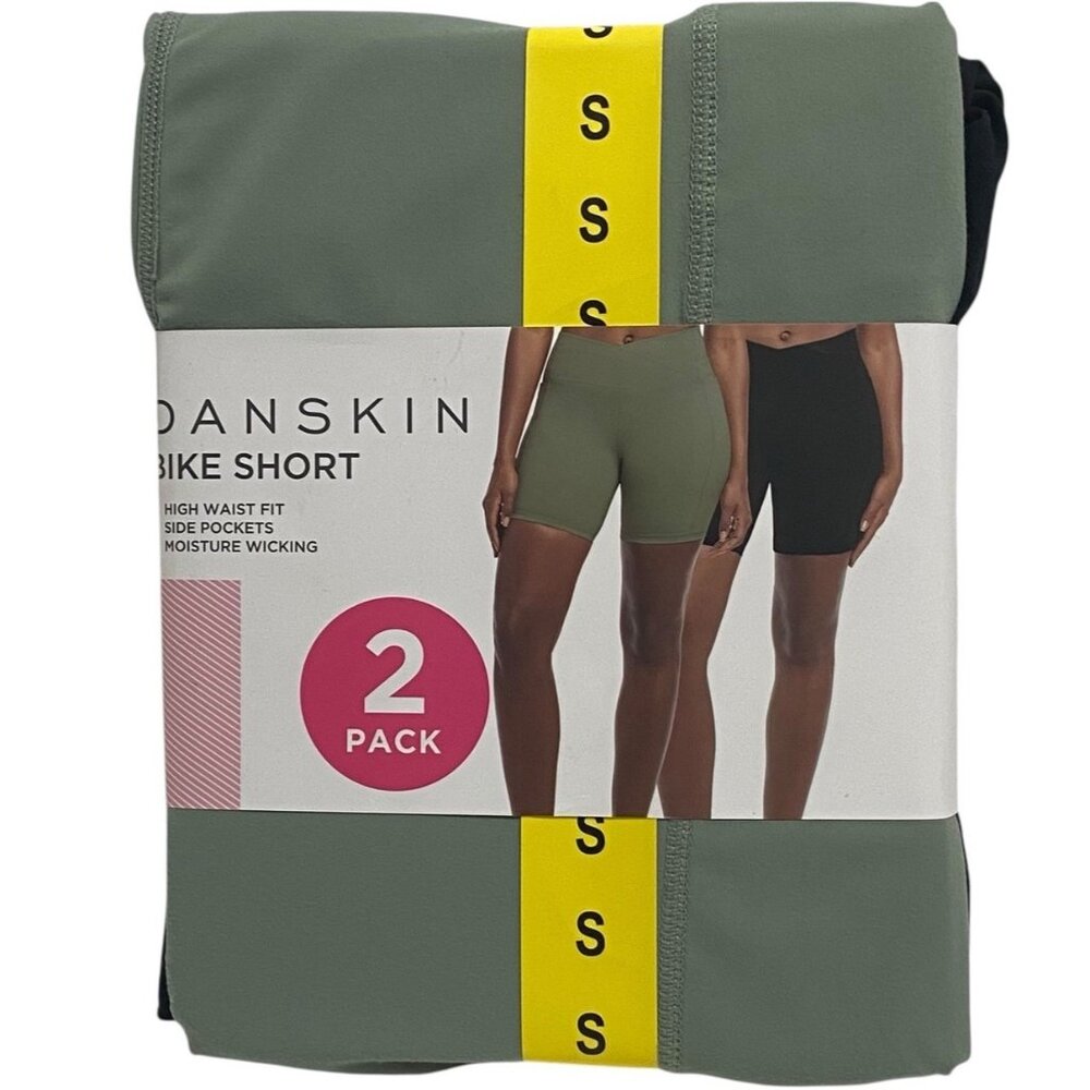 Danskin Women 2-Pack Biker Shorts S High Waist Pockets 7in Black Green NWT